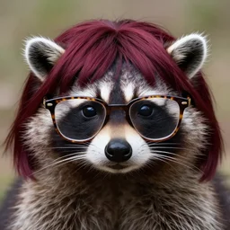 raccoon wearing dark red wig and tortoise shell glasses, photo, detailed, 4 k