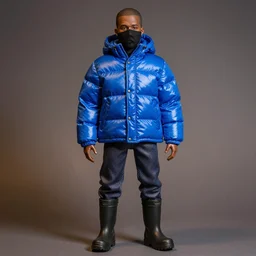 a hot toys figure of kanye west using a full face covering black mask, a small, tight, undersized reflective bright blue round puffer jacket made of nylon, dark jeans pants and big black balenciaga rubber boots, figurine, detailed product photo