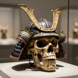 skull with a ancient japanese samurai helmet, old bronze statue, intricate detail, full shot, museum lighting, ultra detailed,