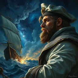 a concept art of the sailor captain, looking at storm which destroyed ship, intricate details, detailed face, detailed body, starry night, artstation, epic pose, colourful sky, by marco bucci and rembrandt
