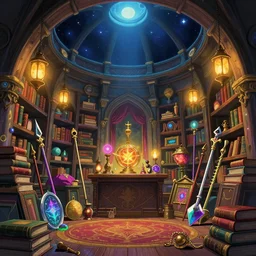a magicians chamber, filled with books, magic artifacs and magic weapons, lanterns, night sky on the vault, light from above, glowing lights, epic fantasy, colorfully, digital art, highly saturated colors, concept art, detailed illustration, hd, 4 k, digital art, greg rutkowski, dan mumford, studio ghibli trending on artstation