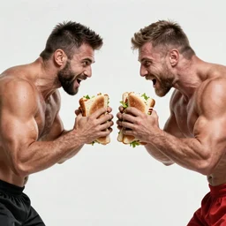 two muscular men fighting over the last sandwich on earth, photorealistic