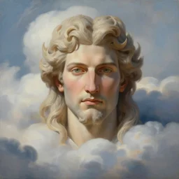 breathtaking soft painting of zeus in a clouds, realistic symmetrical face features, rembrandt style, elegant, highly detailed, artstation, concept art, matte, sharp focus, art by tom bagshaw, and greg rutkowski