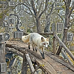 a white fox walking on an old wood bridge with sculptures, trees in the background, art by James Jean and Wayne Barlowe, high detail, cinematic, cgsociety 8k
