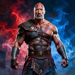 Dwayne Johnson as God of war,red and blue smokes around him, professional photography, cinematic view