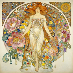 an intricate oil painting of a beautifull woman surounded by hiper detailed inkdrop in water, flowers, fluid acrilic art, melting colorfull wax, coloful flower petals, colorfull, excelent composition, wide shot, by yoshitaka amano, by greg rutkowski, by alphonse mucha by jeremyg lipkinng, by rhads, by ross tran