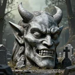giant demon head on the ground, graveyard statue, by beeple, digital art, hyoer detailed, 4 k
