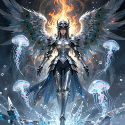 angel knight gothic girl, peacock armor. intricate, centered, amazing composition by amano yoshitaka, by rembrandt, illustrious makinami, digital art, digital painting, artstation trending, unreal engine, fractal flame, transparent jellyfish, transparent feathers, bio luminescent, ice, water