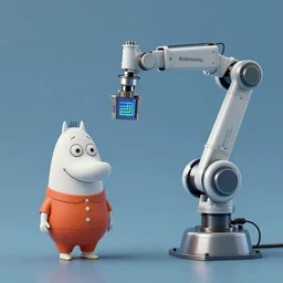 moomin programming a robot arm, trending on art station, high detail, octane render