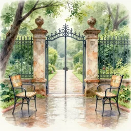 delicate rain, symmetric, chairs, garden, paved, botanic watercolors, iridescent, 8 k, realistic shaded, fine details, artstation, italian, iron gate, tree, mediterranean