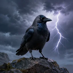 a portrait of an angry jackdaw, standing on a rock in a storm, lightning, dramatic clouds, digital matte painting, fantasy art, trending on artstation, cgsociety, unreal engine