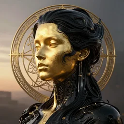 epic illustration, gold bodypaint, neobrutalistic, digital abstract sculpt of beautiful female face and black swirling latex acrylic portrait, black latex sculpt, minimalism, mechanical superstructure, sacred geometry, 8 k, cinematic, magic hour, beautiful light, sculpture of carving marble, dark colors, filigree ornaments, one point light, clockwork, epic matte painting