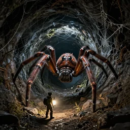 a monstrous spider in a dark tunnel, with a small explorer with a lamp in the foreground, cobwebs, atmospheric, in the style of jeff easley, dramatic lighting, low angle, wide angle, fantasy art, highly detailed digital art