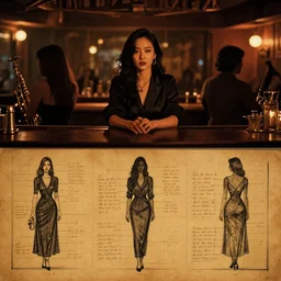 a powerful woman is at the bar of a 4 0 s jazz club, warm color palette, night time, dramatic lighting, noir film, character sheet, fine details, high contrast, blacksad, kim jung gi, greg rutkowski, trending on artstation, 8 k, front view, back view, ultra wide angle