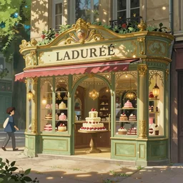 cake and sweet shop, paris laduree, natural lighting, wide angle, intricate details, fantasy atmosphere, matte painting, illustration, by greg rutkowski and hayao miyazaki