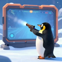 penguin playing shooter game