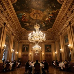 ornate dining hall, secret society, illuminati, chandelier, massive, beautiful, ominous, painting on the ceiling, perspective of a guest sitting down