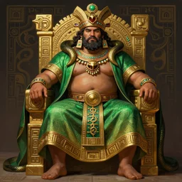 fullbody portrait of a beautiful aztec fat strong man, snake cape, squared beard, rich cerimonial mantle, d & d character, aztec decorated throne background, by greg rutkowski and alphonse mucha, d & d character, gradient green to gold, highly detailed portrait, digital painting, concept art, smooth, sharp focus illustration, artstation hq