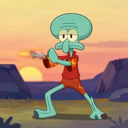 humanoid squid squidward wearing fire nation clothing and practicing firebending outside at susnset, [ greg rutkowski ]