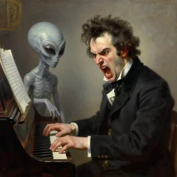 angry franz schubert playing piano screaming at grey alien, an oil painting, realistic oil painting by josef kriehuber, classical oil painting