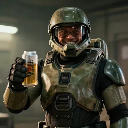 master chief holding a can of beer, cinematic lighting, photorealistic, happy feeling,