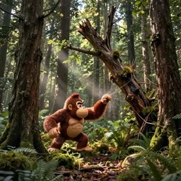 donkey kong in a forest knocking down trees, a tree that has fallen over