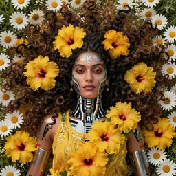 a beautiful intricate fine art portrait photo of an indian cyborg with bionic implants on the face, epic curly hair spread out around her lined with beautiful yellow hibiscus, lying on a bed of daisies, goddess, by natalie shau and james christensen, masterpiece!, top view, studio lighting, golden ratio composition, 3 5 mm lens, deep depth of field, artstation, 8 k