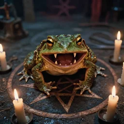 a toad with sharp teeth grinning maniacally, a satanic ritual with candles and a pentagram, movie screenshot directed by Tim Burton. Shot from a high angle. Cinematic. Whimsical. 24mm lens, 35mm film, Fujifilm Reala, f8