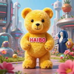 portrait of haribo bear in future city, color and shape focus, central composition, natural light, bloom, puff, by simon stalenhag and rene magritte and anton fad