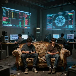 a group of people sitting on an old broken antique couch in an old room with electronics, cyberpunk workshop, very detailed, cyberpunk oled monitors, displaying stock charts, on the walls, two rooms divided by a wall, digital displays and holographic projections, projections of, ultrarealistic, dramatic lighting, electrical details, high details, 4 k, 8 k, best, accurate, trending on artstation