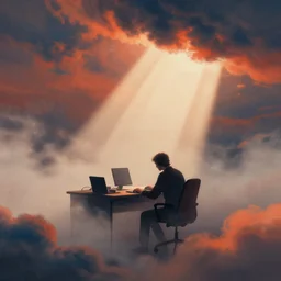 home office, remote work, editorial illustration by karolis strautniekas and mads berg, liquid clouds, fog, lost souls, red orange blue beige, fine texture, detailed, muted colors, film noir, dramatic lighting, dynamic composition, vivid, matte print, wide angle, ( ( sunbeams ) ), moody, extreme perspective