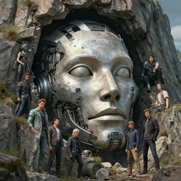 a detailed portrait of a giant michanical face buried half way in a cliff by Greg Rutkowski, Sung Choi, Mitchell Mohrhauser, Maciej Kuciara, Johnson Ting, Maxim Verehin, Peter Konig, final fantasy, Marco lense , 8k photorealistic, cinematic lighting, HD, high details, atmospheric , trending on artstation