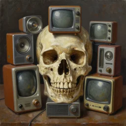 a skull observing 8 0 s era technology, vintage shapes, retro technology, vintage color, wayne barlow, oil on canvas, deep depth of field, masterpiece, cinematic composition, hyperdetailed