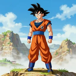 goku standing at the foot of a mountain, greg rutkowski