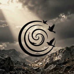 a simple tattoo design of birds flying in spirals, black ink, logo