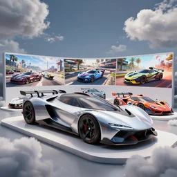 concept vehicle in forza horizon, gta, split second, wreckfest, flatout, onrush, and motorstorm. art by filip hodas and artgerm. showroom display. clouds by rhads. 3 d render, surrealism, hyperrealism.