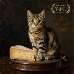 Still life of a tabby kitten sitting on a wheel of Parmesan cheese by Rembrandt, oil-painting, dark background