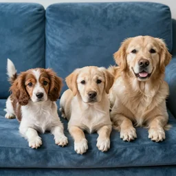 a cute spaniel, Labrador and golden retriever spread out on a plush blue sofa. Award winning photograph, soft focus, depth of field, rule of thirds, style of Vogelsang, Elke