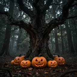 Scary dark forest, pumpkins under big scarry tree, trending on artstation, 30mm, by Noah Bradley
