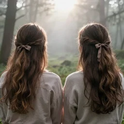 two shot of a man and woman with long brown hair drawn, bow side by side in a misty forest clearing, realism, lens flare, trending on artstation, 8 k