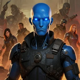 cell shaded portrait of a cybernetic blue bald soldier with glowing blue eyes as Borderlands 3 concept art, llustration, post grunge, concept art by josan gonzales and wlop, by james jean, Victo ngai, David Rubín, Mike Mignola, Laurie Greasley, highly detailed, sharp focus,alien,Trending on Artstation, HQ, deviantart, art by artgem