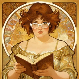 portrait of a curvy stocky romanian woman, brown hair, messy bob, brown eyes, romanian, white glasses, glasses, reading glasses, librarian, wide shot, digital art, alphonse mucha, loish, art nouveau, 8 k, trending on artstation