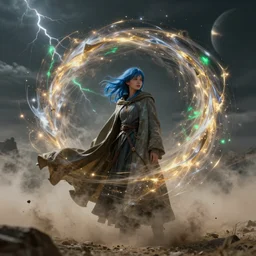 swirls of smoke and dust whirl around a young blue - haired woman wearing a long flowing cloak blowing in the wind, swirling flashes of gold and silver light, traces of green, lightning in distant clouds, cinematic lighting, distant planet, octane render