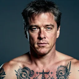 color studio photo of matt damon as the devil, tattoos, satanic, closeup