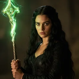 epic photo of young jessica biel as beautiful medieval sorceress with very long black hair, battle scene, holding her wizard staff electricity emanating from it, sweaty, neutral expression, perfect likeness, rim light glow, low contrast, soft light, low light, green hue, shallow depth of field, photorealistic, cinematic lighting, lovely bokeh, warm colours, night time, movie quality, green glow from the left, excalibur 1 9 8 5, movie still, cinemascope
