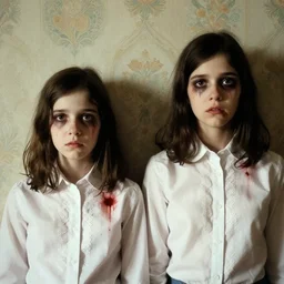 two beautiful but creepy siblings wearing oxford shirts in layers of fear, with haunted eyes and dark hair, 1 9 7 0 s, seventies, wallpaper, a little blood, morning light showing injuries, delicate embellishments, painterly, offset printing technique, by brom, robert henri, walter popp