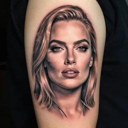 creative double exposure effect tattoo design sketch of margot robbie face blended with beautiful mountain scenery, realism tattoo, in the style of matteo pasqualin, amazing detail, sharp