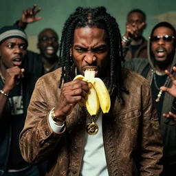 angry gucci mane eating bananas and terrorizing people in the hood, 8k resolution, full HD, cinematic lighting, award winning, anatomically correct