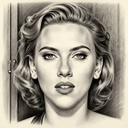 symmetrical, scarlett johansson at your door, jose vergara, ultimate portrait painting, pencil and ink, charcoal, ultrafine design, ultimate perfect symmetrical facial features, 1 9 4 0 s hair style, greg rutkowski, wide angle lens, hyperrealism, realistic lighting