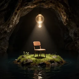 a chair under a lightbulb light on a tiny island in a black cave lake, artstation, octane render, photorealistic, dramatic lighting